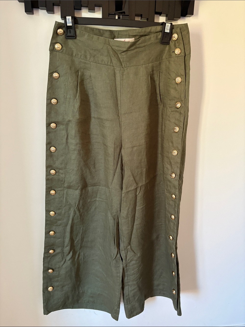 100% Linen Olive Green Maxi Skirt with Gold Button Trim